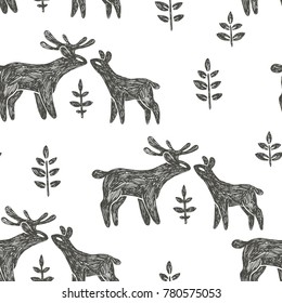 Vector seamless pattern with deer couple in spring forest. Hand drawn texture with cute animals in love and floral elements in ornamental style.