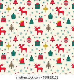 Vector seamless pattern with deer, fir-trees, gift packing. Merry Christmas.
