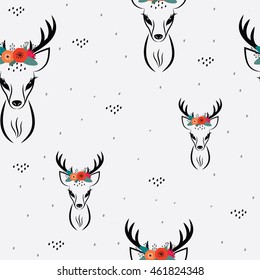 Vector seamless pattern with deer and flowers