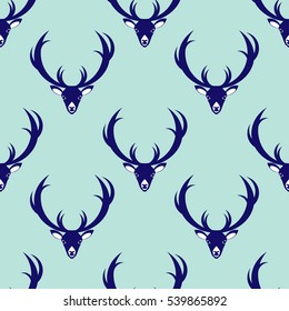 Vector seamless pattern with deer head. Blue colored pattern for fabric, paper, book cover, greeting card.