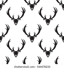 Vector seamless pattern with deer head. Black and white pattern for fabric, paper, book cover, greeting card.