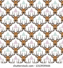 Vector seamless pattern with deer heads with triangles vintage textile template