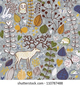 Vector seamless pattern with deer, owl and hedgehog. Seamless pattern can be used for wallpaper, pattern fills, web page background, surface textures