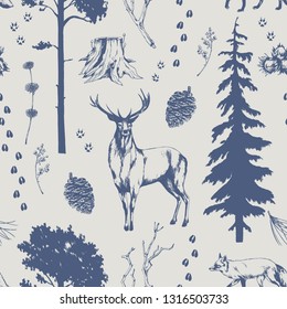 Vector seamless pattern with deer, pine cones, trees, fox, berries and nut. Forest hand drawn illustration.