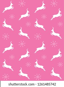 Vector seamless pattern of deer silhouette with snow flakes isolated on pink 