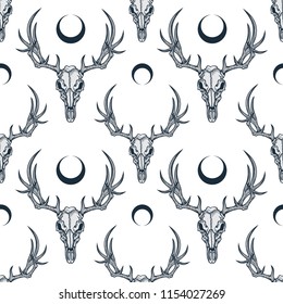 Vector seamless pattern with deer skulls illustrations in engraving technique and symbol of moon.