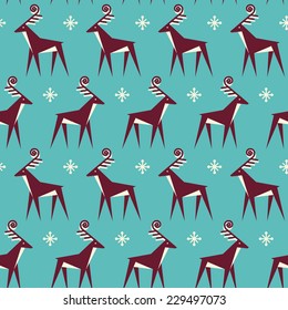 Vector seamless pattern with deer and snowflakes. Christmas and winter vintage background. Color decorative illustration for print, web