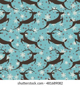 Vector seamless pattern with deer and snowlfakes textile design or gift wrap retro colors