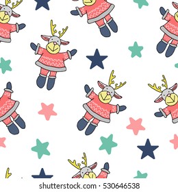 Vector seamless pattern with deer and stars in doodle style. Reindeer in Christmas costume and stars around