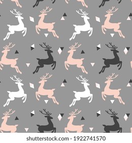 Vector seamless pattern with deer and triangles. Background for wallpaper, packagings, postcard, birthday, textiles, paper, holiday.