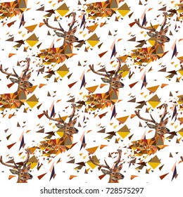 Vector seamless pattern with deer and triangles on a white background. Modern origami style.