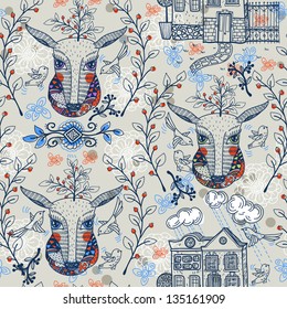 vector seamless  pattern with deers, berries and houses in a vintage style