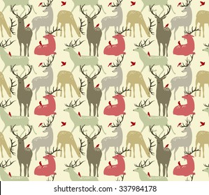 vector seamless pattern with deers and birds