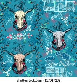 vector seamless pattern with deers and houses