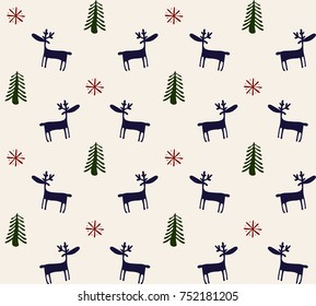 Vector seamless pattern with deers, pine trees and snowflakes.