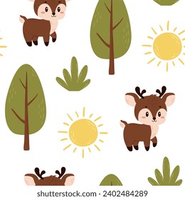 Vector seamless pattern with deer.Vector flat illustration for textile, fabric, wallpaper, web design