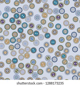 Vector seamless pattern. Delicate colors with cyan and orange details on gray. Cute cartoon illustration of scattered buttons. Design for textile, wrapping, greetings cards, any backgrounds etc.