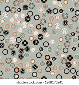 Vector seamless pattern. Delicate colors with black and orange details on gray. Cute cartoon illustration of scattered buttons. Design for textile, wrapping, greetings cards, any backgrounds etc.