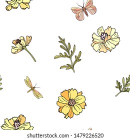 Vector seamless pattern of delicate flowers and butterflies on a white background. Yellow cosmos flowers with green leaves and pink butterflies  for wallpaper, textile, paking, gift wrapping, invite.