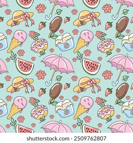 Vector seamless pattern. Delicate pink and blue summer background with ice cream, donuts, hat, umbrella. Background for menu, cards, applications, fabric. Resort, vacation, summer. Cartoon drawing wit