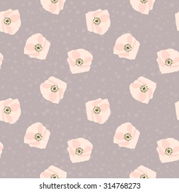 vector seamless pattern of delicate pink poppies on gray background