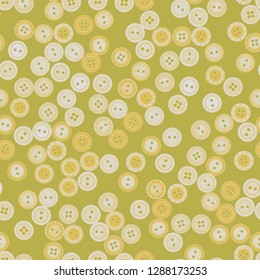 Vector seamless pattern. Delicate shades of yellow color. Cute cartoon illustration of scattered buttons. Design for textile, wrapping, greetings cards, any backgrounds etc.