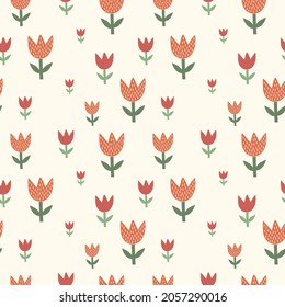 vector seamless pattern with delicate spring flowers, tulips in doodle style