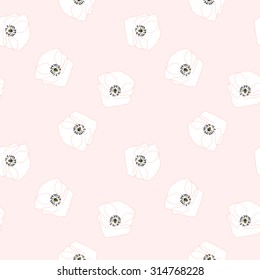 vector seamless pattern of delicate white  poppies on pink background