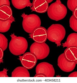 Vector seamless pattern with delicious different pomegranates on black background. Thai fruit pattern. Juicy pattern. Summer bright pattern. Fruity pattern. Doodle pattern with cartoon fruits.