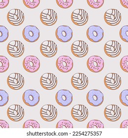 Vector seamless pattern with delicious donuts and different icing. Suitable for wrapping paper, greeting cards, banners, shipping boxes.