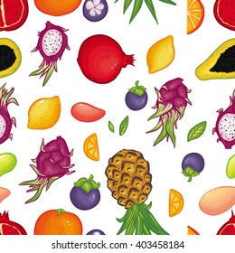 Vector seamless pattern with delicious fruits on white  background. Thai fruit pattern. Juicy pattern. Summer bright pattern. Fruity pattern. Doodle pattern with cartoon fruits.