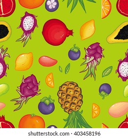 Vector seamless pattern with delicious fruits on green background. Thai fruit pattern. Juicy pattern. Summer bright pattern. Fruity pattern. Doodle pattern with cartoon fruits.