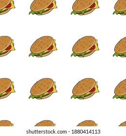 Vector seamless pattern Delicious hamburgers with beef, cheese, tomato and lettuce
