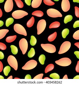 Vector seamless pattern with delicious mango on black background. Thai fruit pattern. Juicy pattern. Summer bright pattern. Fruity pattern. Doodle pattern with cartoon fruits.