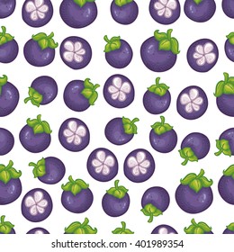 Vector seamless pattern with delicious masngosteen on white background. 