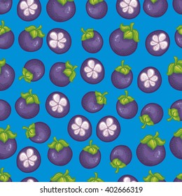 Vector seamless pattern with delicious masngosteen on blue background. 