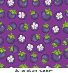 Vector seamless pattern with delicious masngosteen on violet background. 