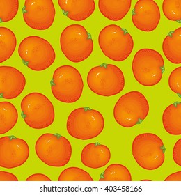 Vector seamless pattern with delicious orange on green background. Thai fruit pattern. Juicy pattern. Summer bright pattern. Fruity pattern. Doodle pattern with cartoon fruits.
