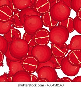 Vector seamless pattern with a lot of delicious pomegranates on white background. Thai fruit pattern. Juicy pattern. Summer bright pattern. Fruity pattern. Doodle pattern with cartoon fruits.