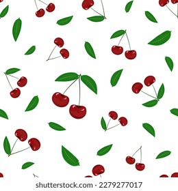 Vector seamless pattern with delicious red cherry berries and leaves on a white background. Healthy food print