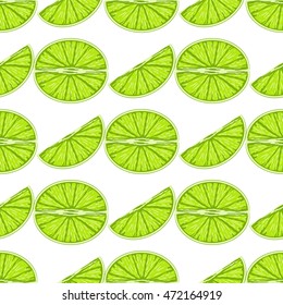 Vector seamless pattern. Delicious slice of bright green lime on white background. Tropical fruit theme, vitamin food abstract endless texture. Fresh citrus in flat style
