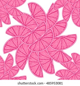 Vector seamless pattern. Delicious slice of bright pink grapefruit on white background. Tropical fruit theme, vitamin food abstract endless texture. Fresh citrus in flat style