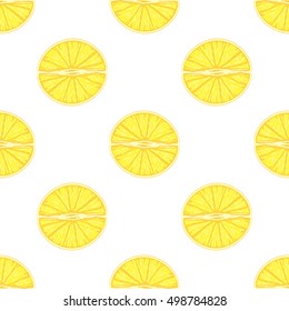 Vector seamless pattern. Delicious slice of bright yellow lemon on white background. Tropical fruit theme, vitamin food abstract endless texture. Fresh citrus in flat style