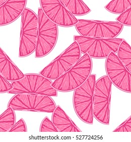 Vector seamless pattern. Delicious slice of bright pink grapefruit on white background. Tropical fruit theme, vitamin food abstract endless texture. Fresh citrus in flat style  