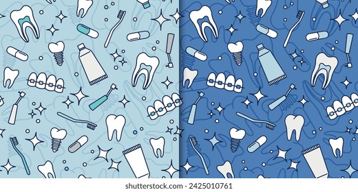 vector seamless pattern dental dentist oral hygiene, teeth, toothbrush and toothpaste, braces and dental implants, background for dental clinics and corporate identity