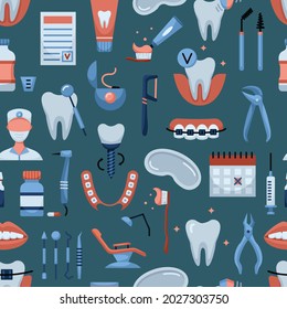 Vector seamless pattern with dentistry icons. Dental background