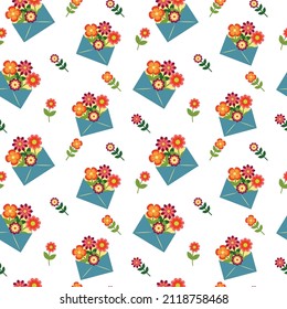 Vector seamless pattern depicting flowers in an envelope and individual flowers on a transparent background.