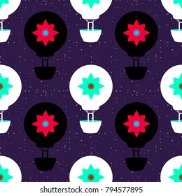 vector seamless pattern design with air balloons flat black and white silhouettes; balloons with flat pink lilly print; night sky with stars seamless pattern and printed with flowers balloons  