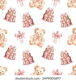 Vector seamless pattern design for a baby shower, girl birthday. Wrapping paper design, girly background with a pink cake, cute teddy bear and a pink lipstick.