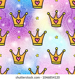 Vector seamless pattern design background with trendy hipster gold crown cartoon style illustration. Textile fashion wallpaper print design with lgbt symbol